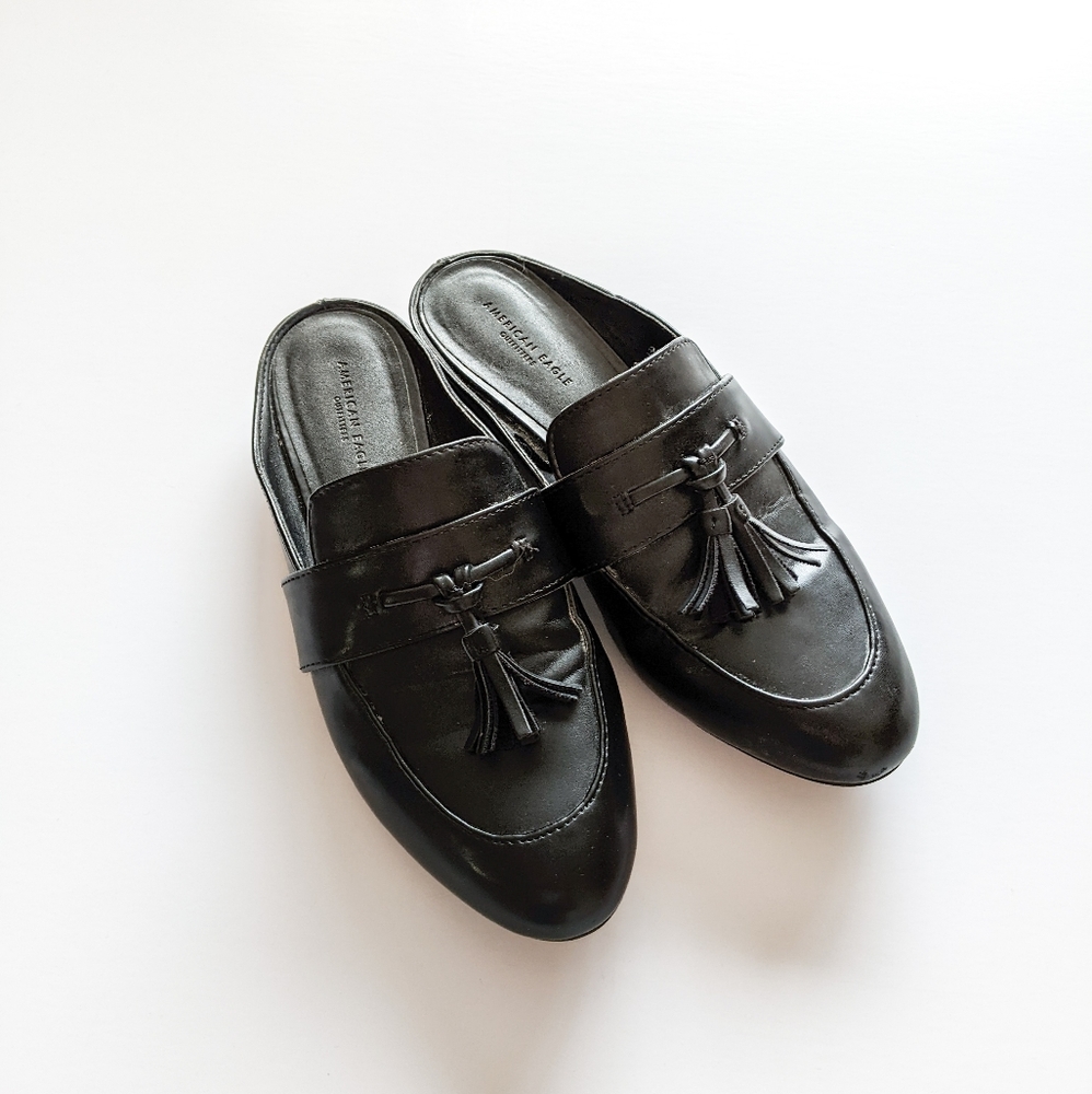 AEO Black Tassel Mule Shoes